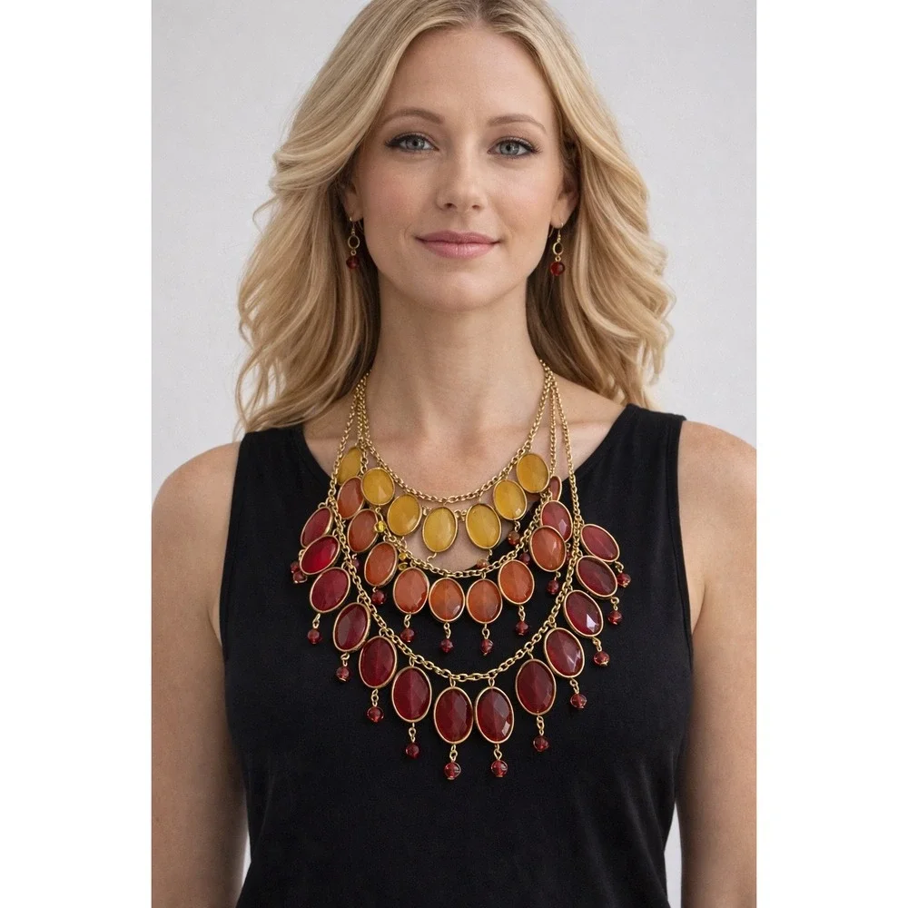 Gold Tone Multi Strand Bib Statement Necklace Red Orange Yellow Ombre Oval Stone